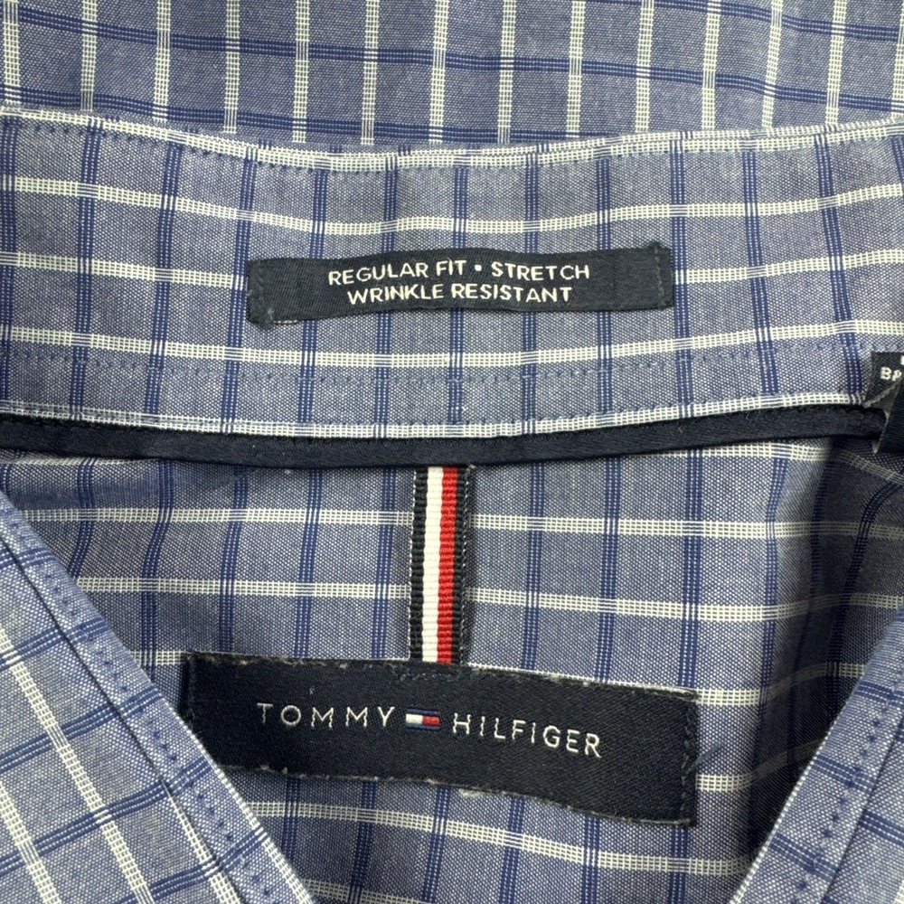 Tommy Hilfiger Shirt Mens 17 Blue Plaid Regular Fit Stretch Wrinkle Resistant - Picture 5 of 7